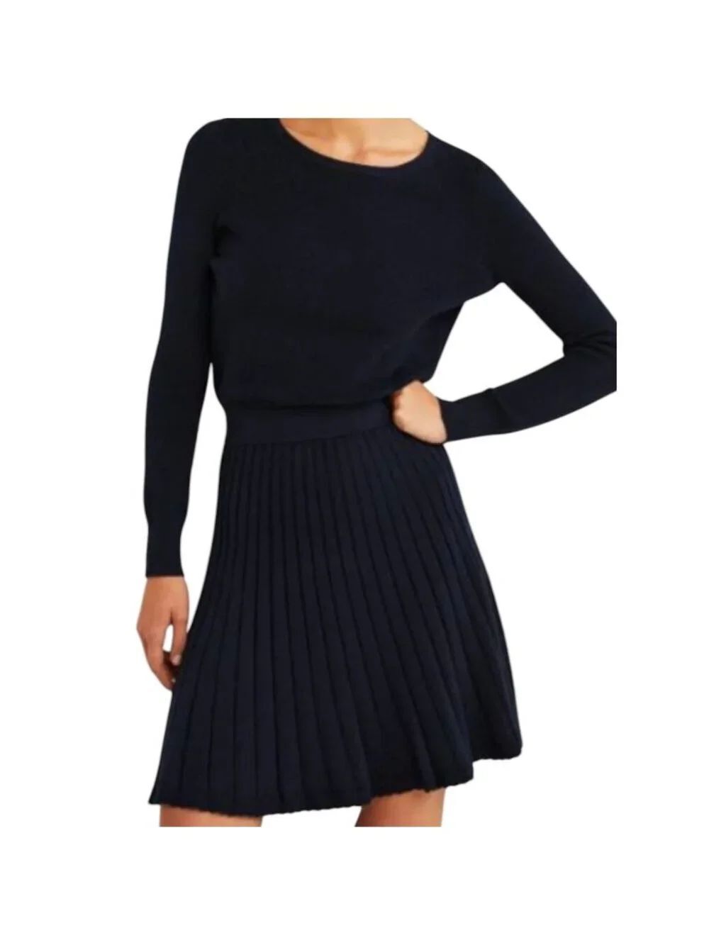 Boden Womens Knitted Pleated Sweater Dress Size US 14R UK 18R Navy D0341 NAV NWT